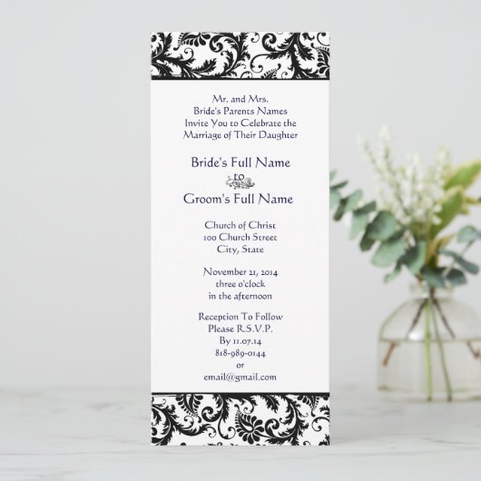 ブルーエレガントフォントブラックダマスクウェディング招待状 招待状 (スタンド正面)
