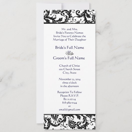 ブルーエレガントフォントブラックダマスクウェディング招待状 招待状 (正面)