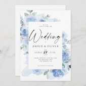 ブルーエレガントフラワーライトダスティーブルーボホウェディング 招待状 (正面/裏面)