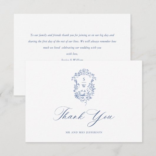 ブルーエレガントフランスのバラガーデン結婚フローラ サンキューカード (正面/裏面)