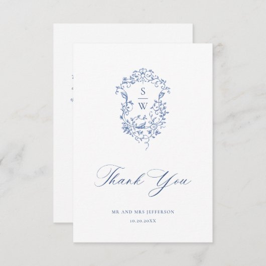 ブルーエレガントフランスのバラガーデン結婚フローラ サンキューカード (正面/裏面)