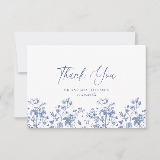 ブルーエレガントフランスのバラガーデン結婚フローラ サンキューカード (正面)