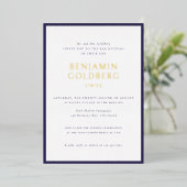 ブルーエレガントフレフォーマルームバーバルミツワー金ゴールド 箔招待状 (立ち正面)