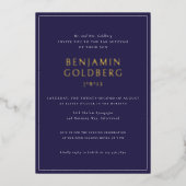 ブルーエレガントフレフォーマルームバーバルミツワー金ゴールド 箔招待状 (正面)