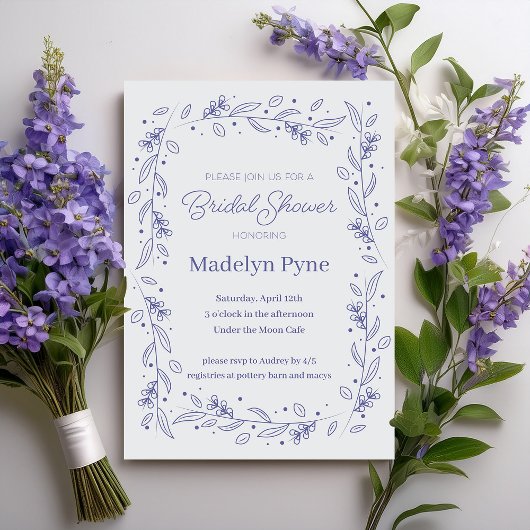 ブルーエレガントフローラつる植物ブライダルシャワー招待 招待状