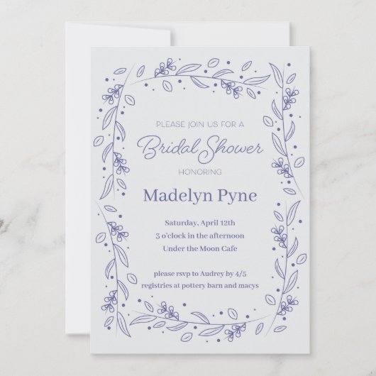 ブルーエレガントフローラつる植物ブライダルシャワー招待 招待状 (正面)