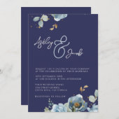 ブルーエレガントフローラアンパサンド結婚式招待状 招待状 (正面/裏面)