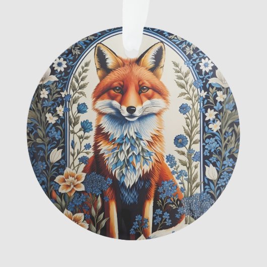 ブルーエレガントフローラウィリアムモリスインスパイアキツネ オーナメント (正面)