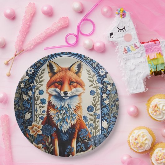 ブルーエレガントフローラウィリアムモリスインスパイアキツネ ペーパープレート (パーティー)