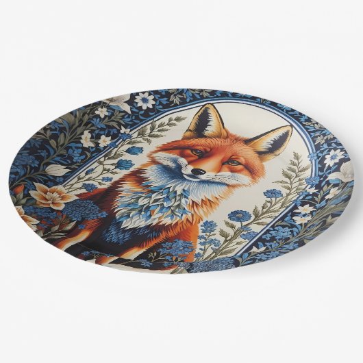 ブルーエレガントフローラウィリアムモリスインスパイアキツネ ペーパープレート (アングル)