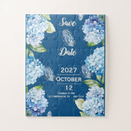 ブルーエレガントフローラウェディング日付の保存パズル ジグソーパズル
