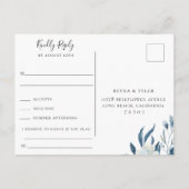 ブルーエレガントフローラウェディングRSVP曲リクエスト インビテーションポストカード (裏面)