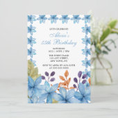 ブルーエレガントフローラウォーター色Any Age誕生日 招待状 (スタンド正面)