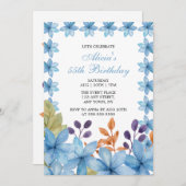 ブルーエレガントフローラウォーター色Any Age誕生日 招待状 (正面/裏面)