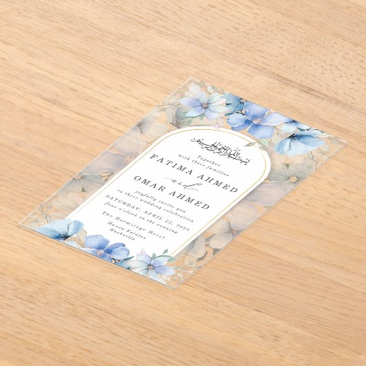ブルーエレガントフローラガーデンイスラム結婚教徒 アクリル招待状 (レイダウン)