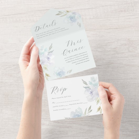 ブルーエレガントフローラキンセアニェラ15年 オールインワン招待状 (貼ってはがせる)