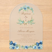 ブルーエレガントフローラクロスバプテスマ招待状 アクリル招待状 (正面)