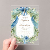 ブルーエレガントフローラクロスバプテスマ招待状 アクリル招待状 (インサイチュ (ポータブル))