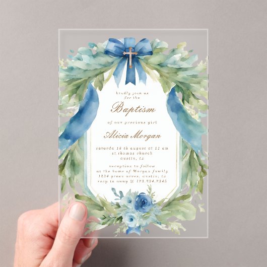 ブルーエレガントフローラクロスバプテスマ招待状 アクリル招待状 (インサイチュ (ポータブル))
