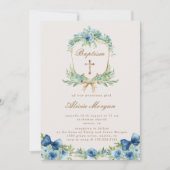 ブルーエレガントフローラクロスバプテスマ招待状 招待状 (正面)