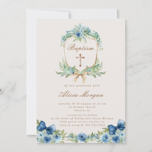 ブルーエレガントフローラクロスバプテスマ招待状 招待状 (正面)