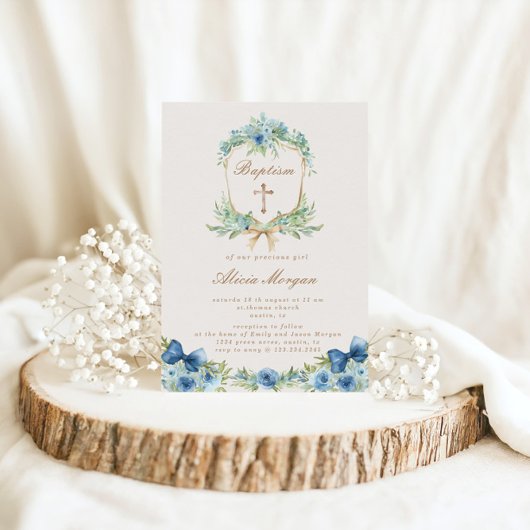 ブルーエレガントフローラクロスバプテスマ招待状 招待状