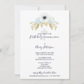 ブルーエレガントフローラクロスファースト聖餐式 招待状 (正面)