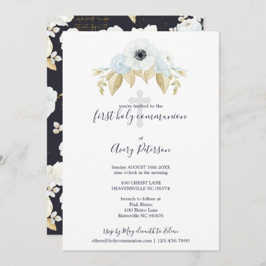 ブルーエレガントフローラクロスファースト聖餐式 招待状 (正面/裏面)