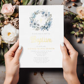 ブルーエレガントフローラクロスボーイバプテスマ 箔招待状