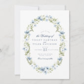 ブルーエレガントフローラグリーナリーリース結婚ズ 招待状 (正面)