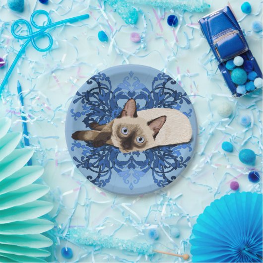 ブルーエレガントフローラシャム猫かわいらし猫 ペーパープレート (パーティー)