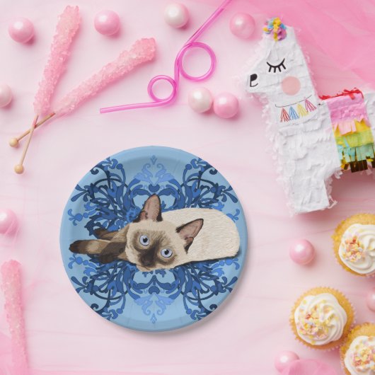 ブルーエレガントフローラシャム猫かわいらし猫 ペーパープレート (パーティー)