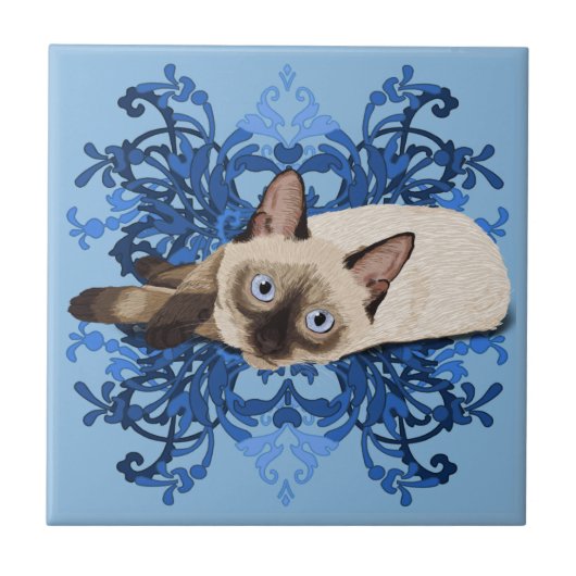 ブルーエレガントフローラシャム猫フかわいらしェリン タイル (正面)