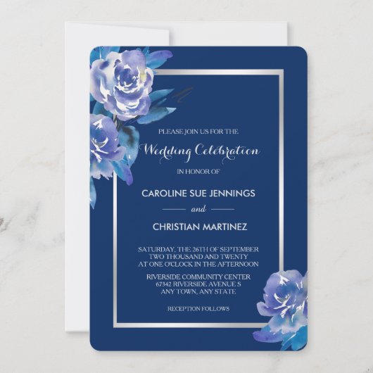 ブルーエレガントフローラシルバーバラ結婚式招待状 招待状 (正面)