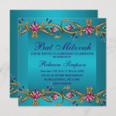 ブルーエレガントフローラジェムバルミツワー招待状 招待状 (正面/裏面)