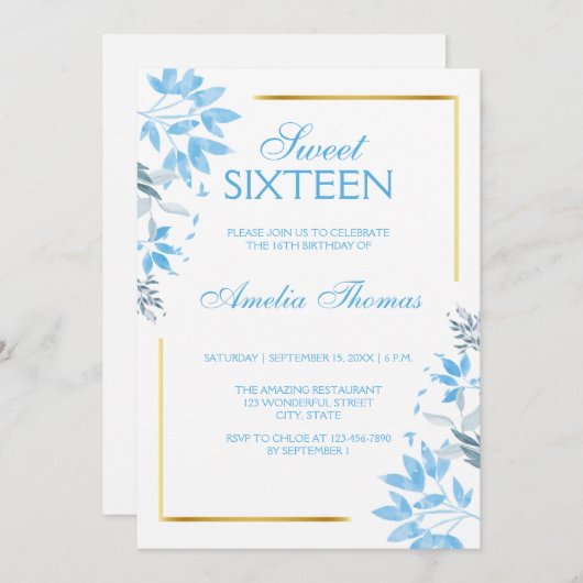 ブルーエレガントフローラスウィート16誕生日招待状 招待状 (正面/裏面)