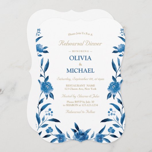 ブルーエレガントフローラチノイスリーリハーサルディナー 招待状 (正面/裏面)