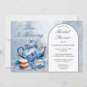 ブルーエレガントフローラティーセットブライダルシャワーティー 招待状 (正面)