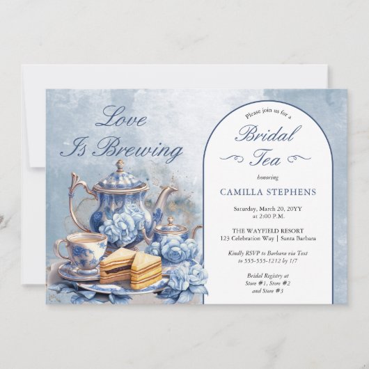 ブルーエレガントフローラティーセットブライダルシャワーティー 招待状 (正面)
