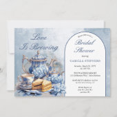 ブルーエレガントフローラティーセットブライダルシャワーティー 招待状 (正面)