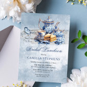 ブルーエレガントフローラティーセットブライダルランチョンティー 招待状