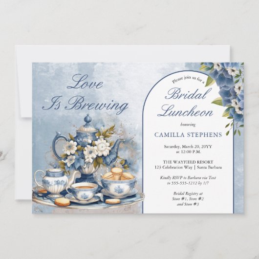 ブルーエレガントフローラティーセットブライダルランチョンティー 招待状 (正面)