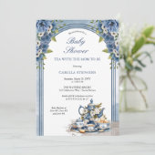ブルーエレガントフローラティーセットベビーティーシャワー 招待状 (スタンド正面)