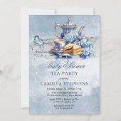 ブルーエレガントフローラティーセット赤ちゃんシャワーティー 招待状 (正面)