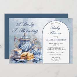 ブルーエレガントフローラティーセット赤ちゃんシャワーティー 招待状