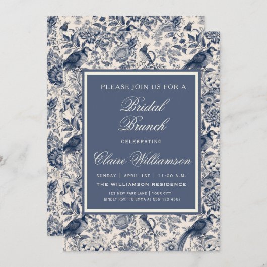 ブルーエレガントフローラトイレフルーリーブライダルブランチ 招待状 (正面/裏面)