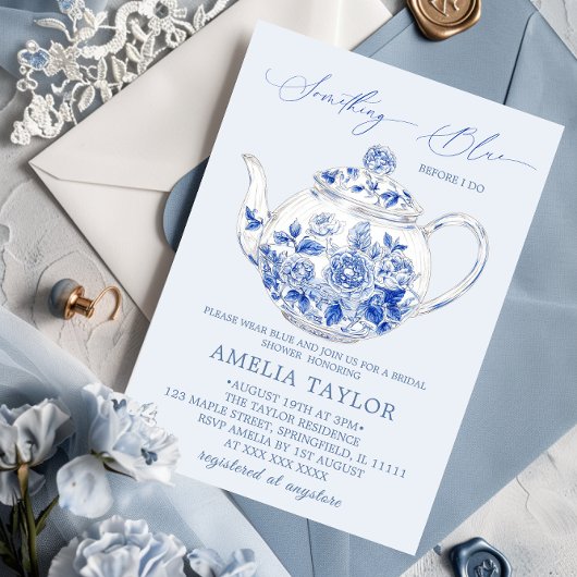 ブルーエレガントフローラトワールブライダルシャワー 招待状