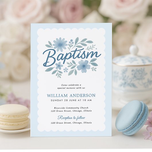 ブルーエレガントフローラバプテスマ招待状 招待状