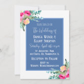 ブルーエレガントフローラピンクローズブドエレガントな結婚式 招待状 (正面)