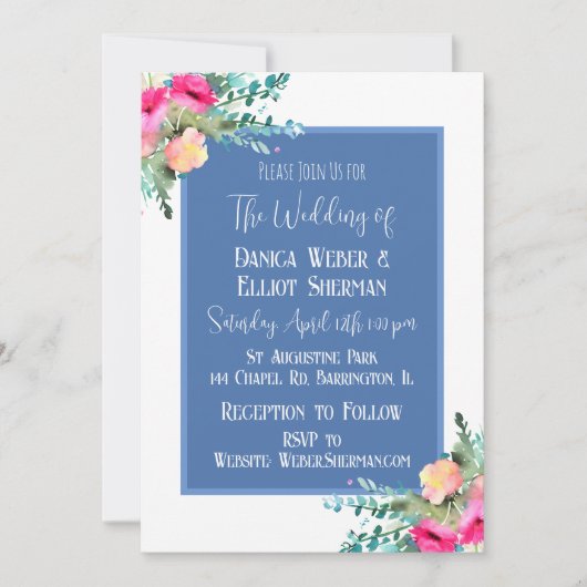 ブルーエレガントフローラピンクローズブドエレガントな結婚式 招待状 (正面)